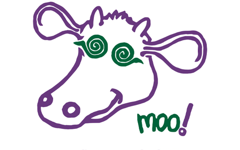 Iconic Inspiral Carpets logo featuring a purple line drawing of a smiling cow head with green spiral eyes and the word moo below.